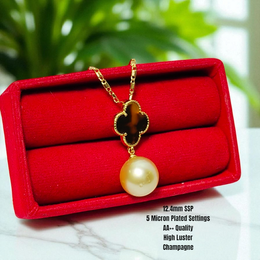 New Arrival! 12.4mm Authentic Champagne Color South Sea Pearls Pendant in 5 Micron Plated Settings