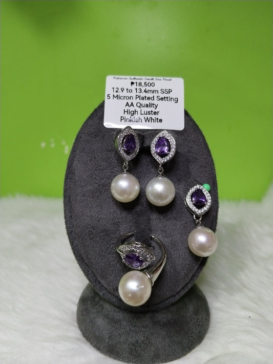 12.9mm to 13.4mm Authentic Pinkish White South Sea Pearl Set in 5 Micron Plated Settings