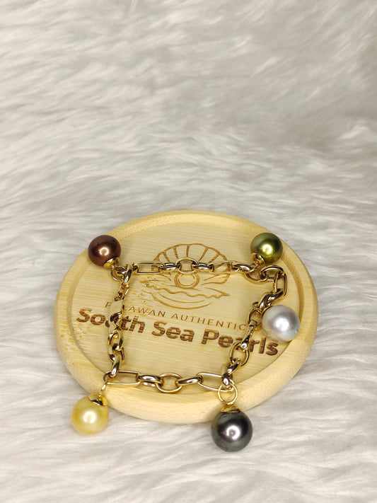 10.7mm to 11.6mm Authentic Multi-color South Sea Pearl Bracelet in 14k and 18k Real Gold Settings