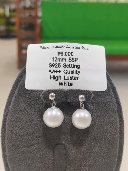 12mm Authentic White South Sea Pearls Earrings in S925 Settings