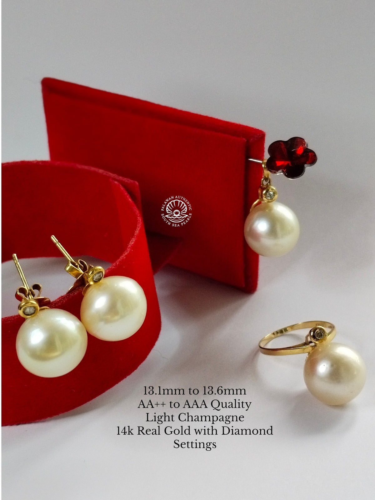 13.1mm to 13.6mm Palawan Authentic Creamy Champagne Color South Sea Pearl in 14k Real Gold and Diamonds