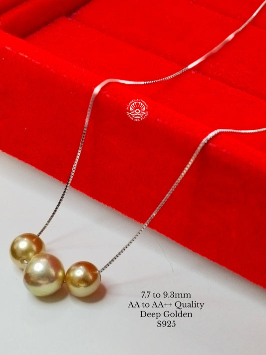 7.7mm to 9.3mm Palawan Authentic Deep Golden Color South Sea Pearl Floating Necklace in S925