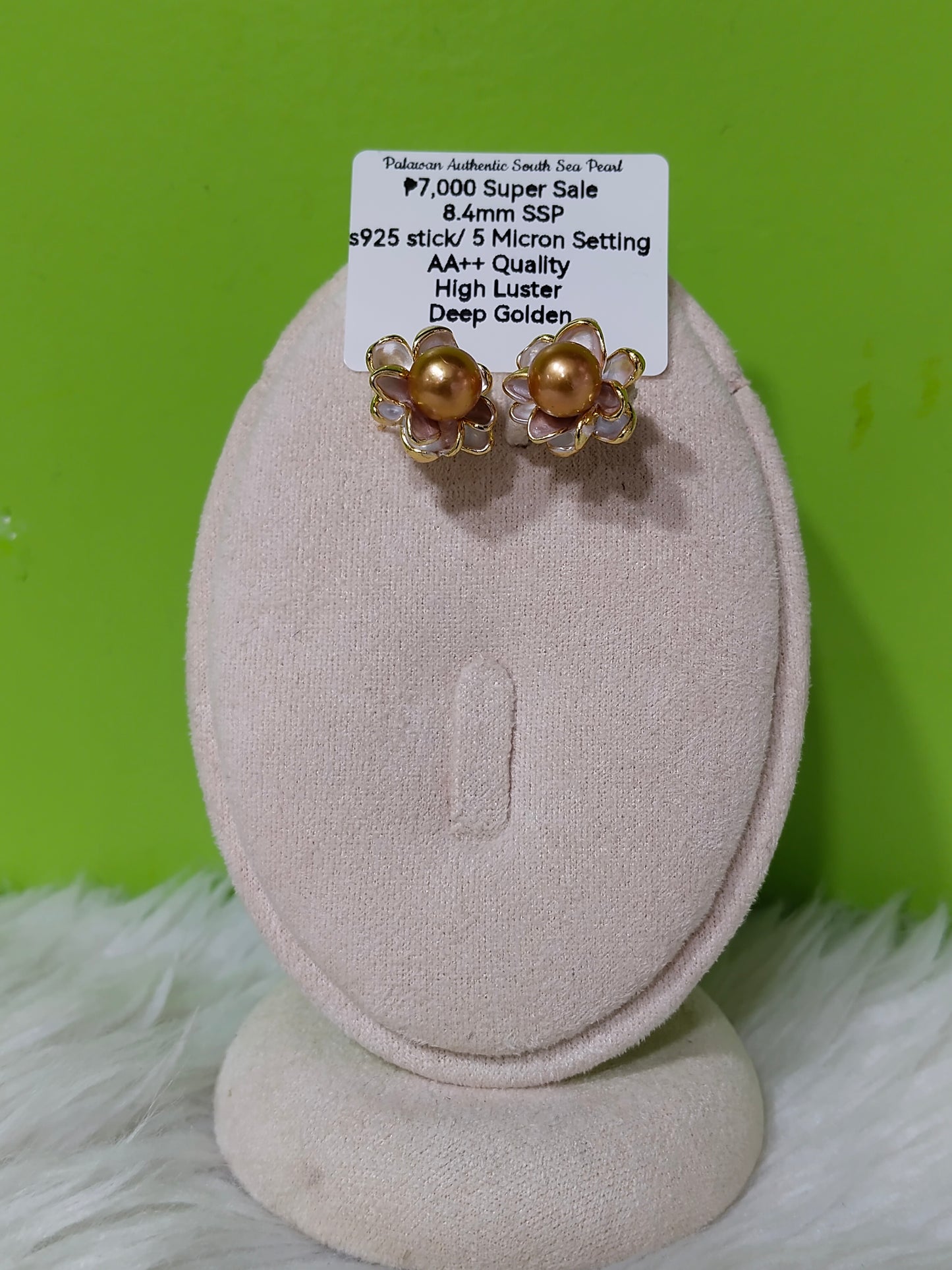 New Arrival! 8.4mm Authentic Deep Golden South Sea Pearl Earring in s925 stick and 5 Micron Plated Settings