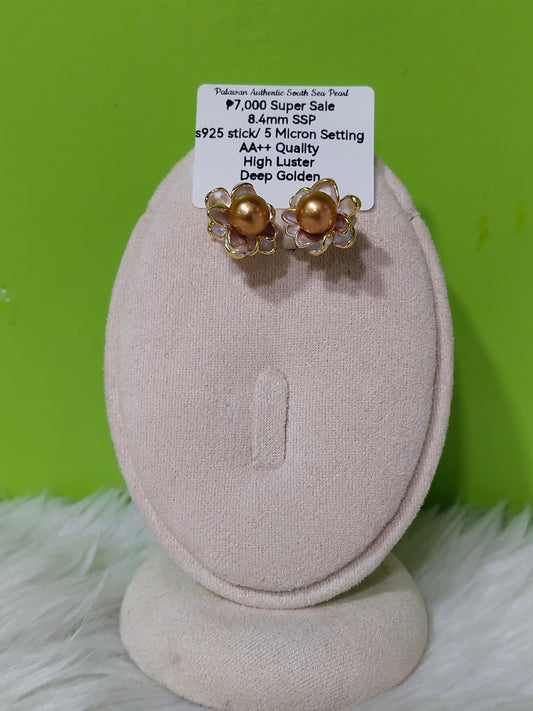 New Arrival! 8.4mm Authentic Deep Golden South Sea Pearl Earring in s925 stick and 5 Micron Plated Settings