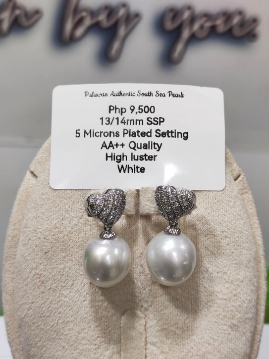 13/14mm Authentic White South Sea Pearls Earrings in 5 Microns Plated Settings