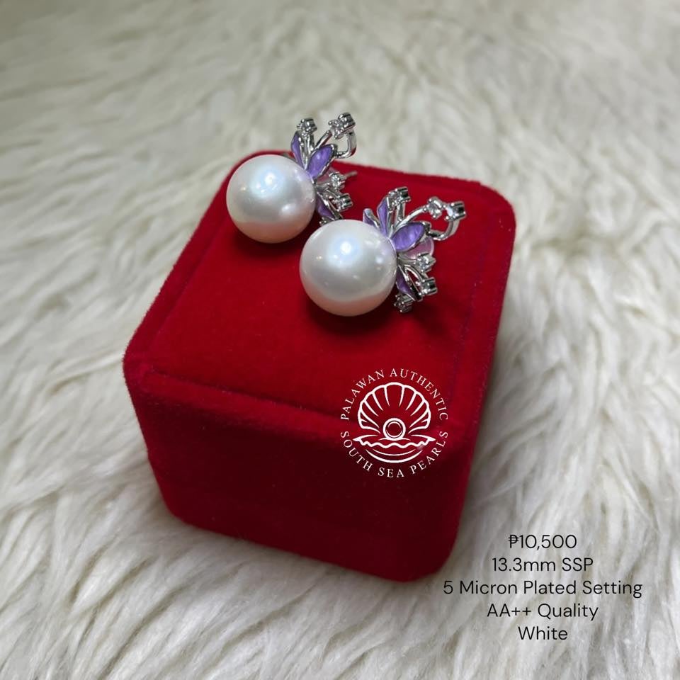 New Arrival! 13.3mm Palawan Authentic White South Sea Pearls Earrings in 5 microns Plated Settings