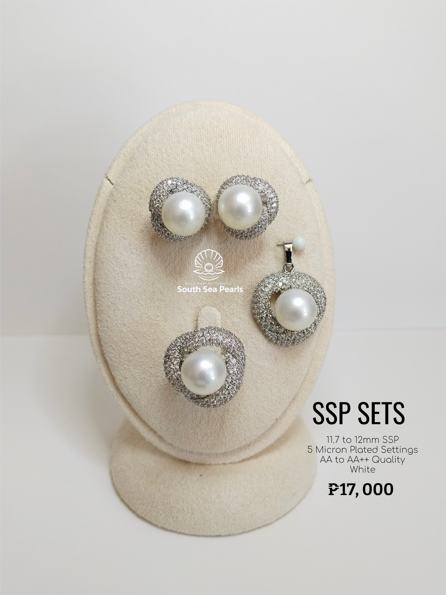 11.7mm to 12mm Palawan Authentic White Color South Sea Pearl Sets in 5 Micron Plated Settings