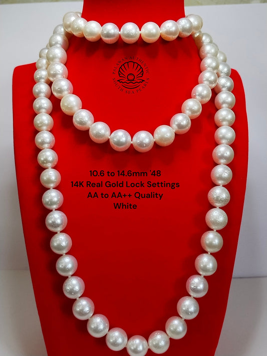 10.6 to 14.6mm Palawan Authentic White Color South Sea Pearl Choker in 14k Real Gold Lock Settings