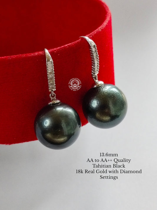 13.6mm Palawan Authentic Tahitian Black Color South Sea Pearl in 18k Real Gold and Diamonds