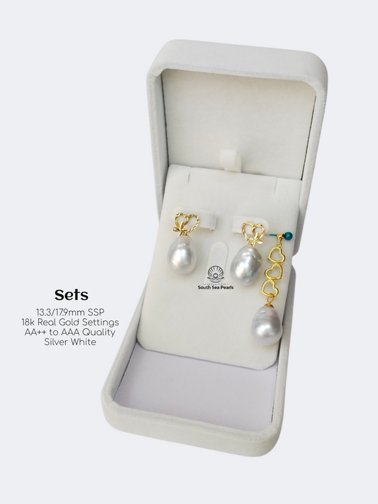 13.3/17.9mm Palawan Authentic Silver White Color South Sea Pearl Sets in 18k Real Gold Settings
