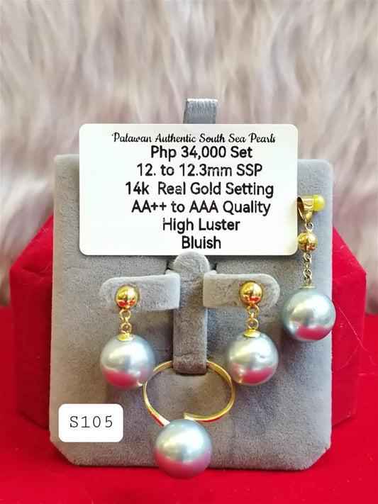12mm to 12.3mm Authentic Bluish Color South Sea Pearls Set in 14K Gold Settings