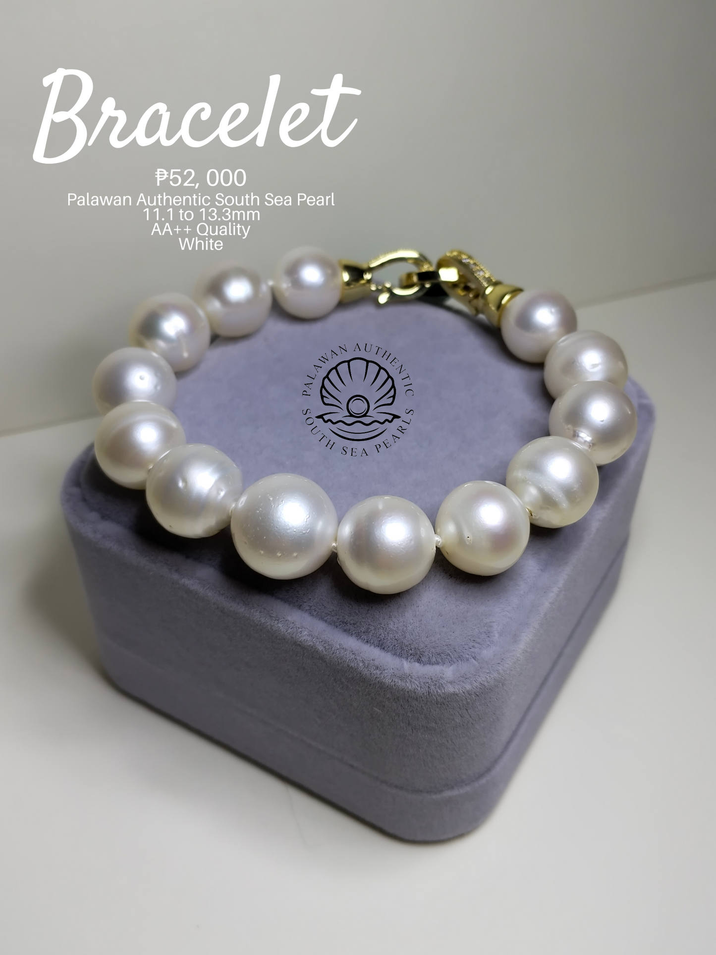 New Arrival! 11.1 to 13.3mm Palawan Authentic White South Sea Pearl Bracelet in 5 Micron Lock Settings