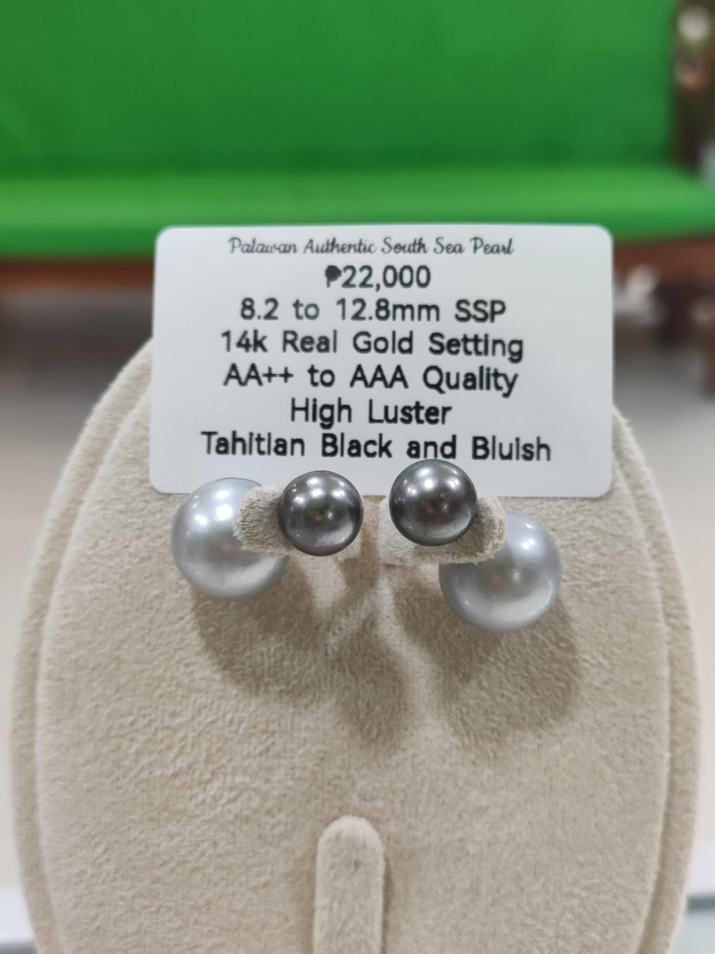 8.2mm & 12.8mm Authentic Tahitian Black & Bluish Color South Sea Pearls Earrings in 14k Gold Settings