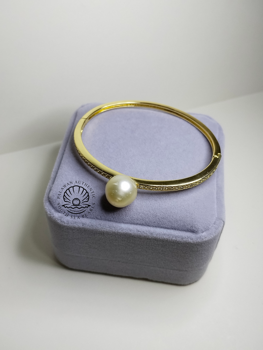 12.1mm Palawan Authentic Light Champagne Color South Sea Pearl Bangle in 5 Micron Plated Settings