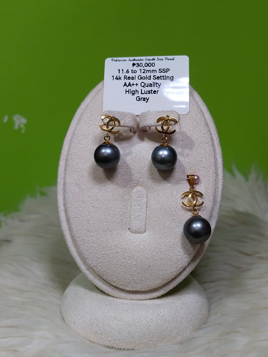 11.6mm to 12mm Authentic Gray Color South Sea Pearl Special Design in 14k Real Gold Settings