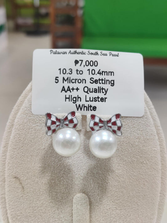 10.3mm to 10.4mm Authentic White South Sea Pearls Earrings in 5 Microns Settings