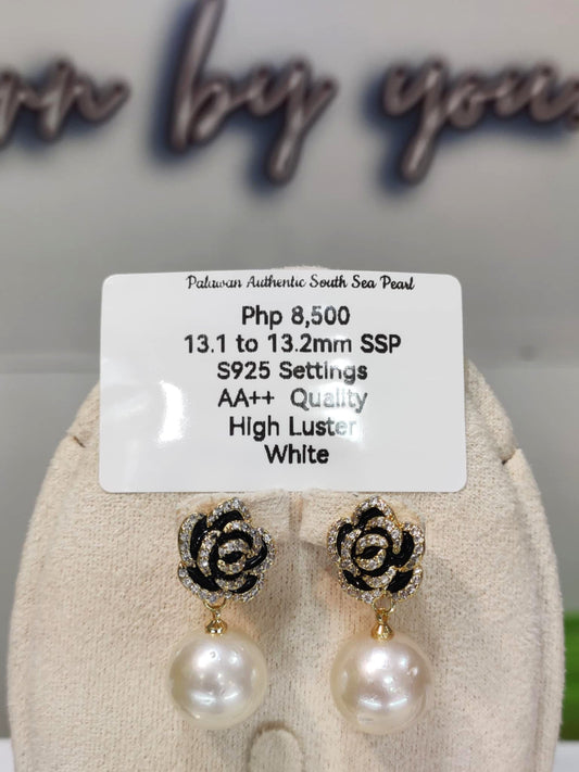 13.1mm to 13.2mm Authentic White South Sea Pearls Earrings in Sterling Silver Settings