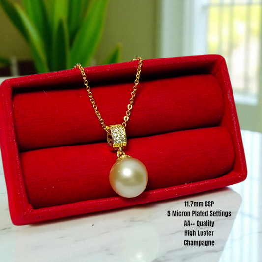 New Arrival! 11.7mm Authentic Champagne Color South Sea Pearls Pendant in 5 Micron Plated Settings