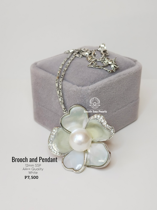 12mm Palawan Authentic White Color South Sea Pearl Brooch in 5 Micron Plated Settings