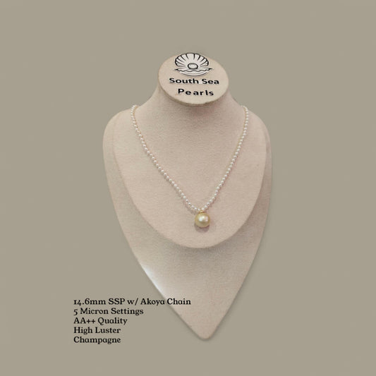 New Arrival! 14.6mm Authentic Champagne Color South Sea Pearl Pendant and Akoya Pearl Chain in 5 Micron Lock Settings