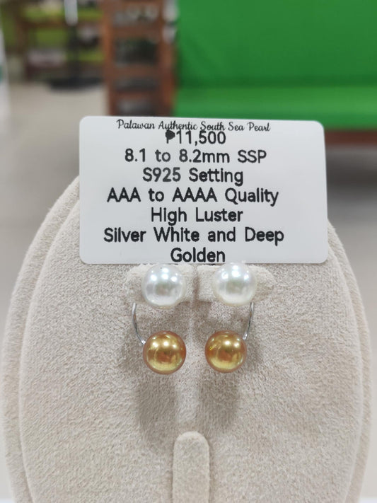 8.1mm to 8.2mm Authentic Silver White and Deep Golden Color South Sea Pearls Earrings in S925 Settings