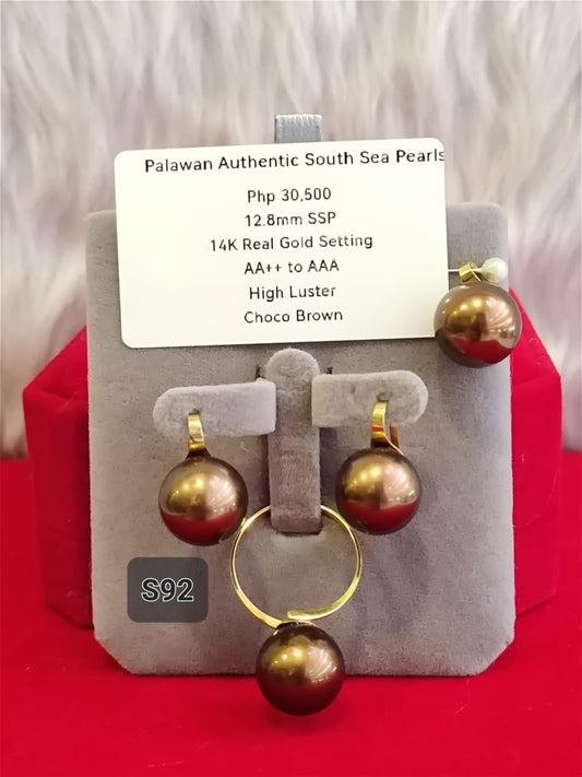 12.8mm Authentic Choco Brown Color South Sea Pearls Set in 14K Gold Settings