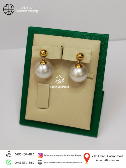 12.8mm to 13mm Palawan Authentic Classic White Color South Sea Pearl Earrings in 14k Real Gold Settings