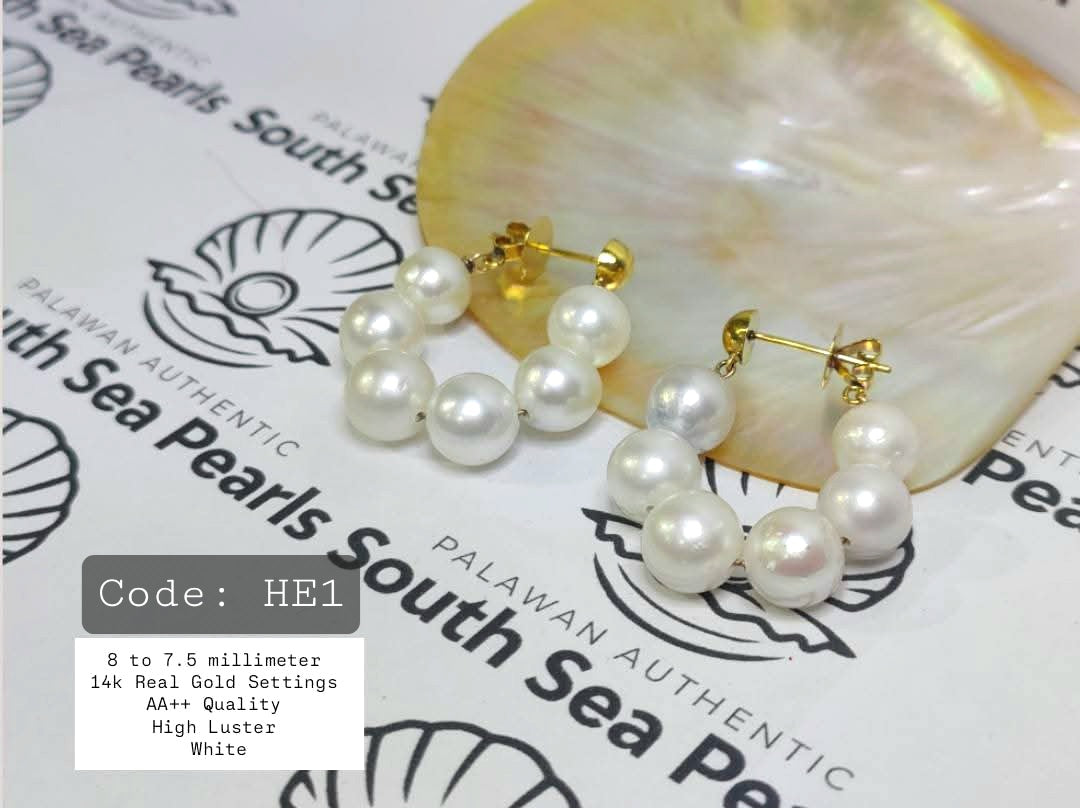 8mm to 7.5mm Authentic White South Sea Pearls Earrings in 14k Gold Settings