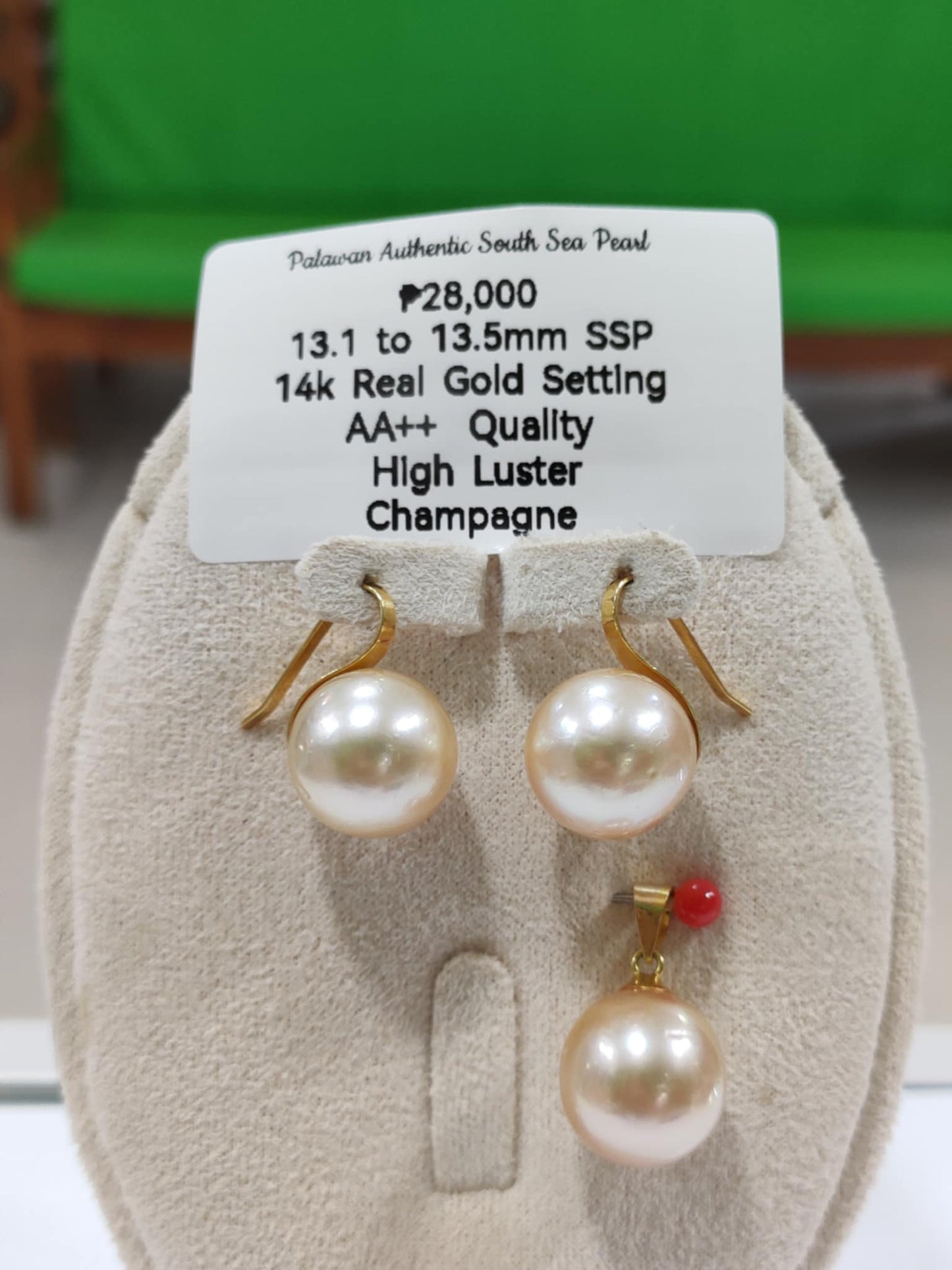 New Arrival! 13.1mm to 13.5mm Authentic Champagne Color South Sea Pearls Sets in 14k Real Gold Settings