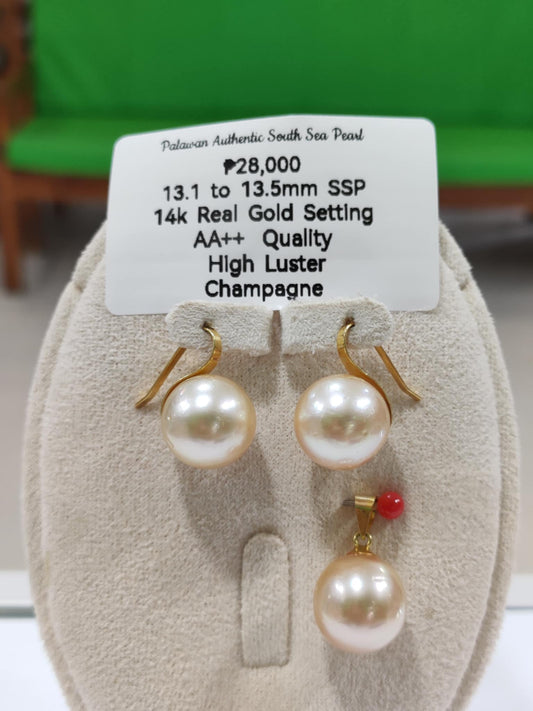 New Arrival! 13.1mm to 13.5mm Authentic Champagne Color South Sea Pearls Sets in 14k Real Gold Settings