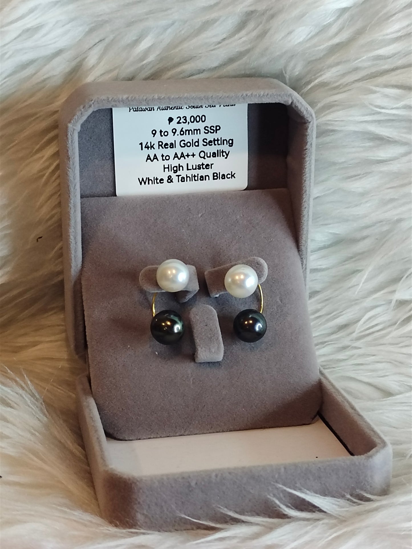 9mm to 9.6mm Authentic White and Tahitian Black South Sea Pearl Earrings in 14k Real Gold Settings