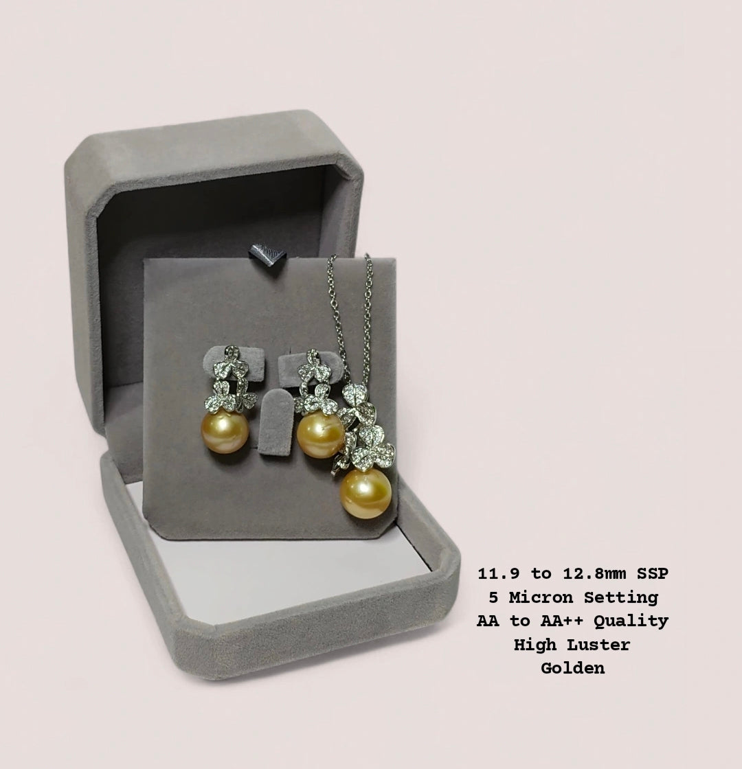 New Arrival! 11.9 to 12.8mm Authentic Golden Color South Sea Pearl Set in 5 Micron Setting