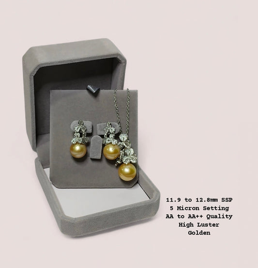 New Arrival! 11.9 to 12.8mm Authentic Golden Color South Sea Pearl Set in 5 Micron Setting