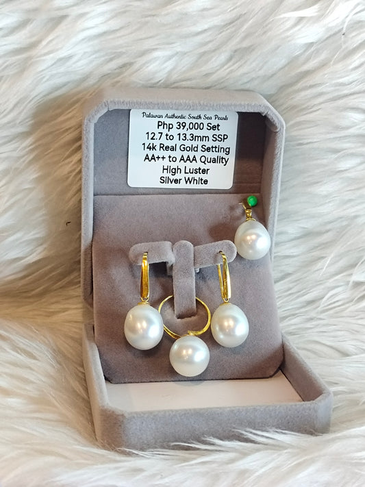 12.7mm to 13.3mm Authentic Silver White South Sea Pearl Sets in 14k Real Gold Settings