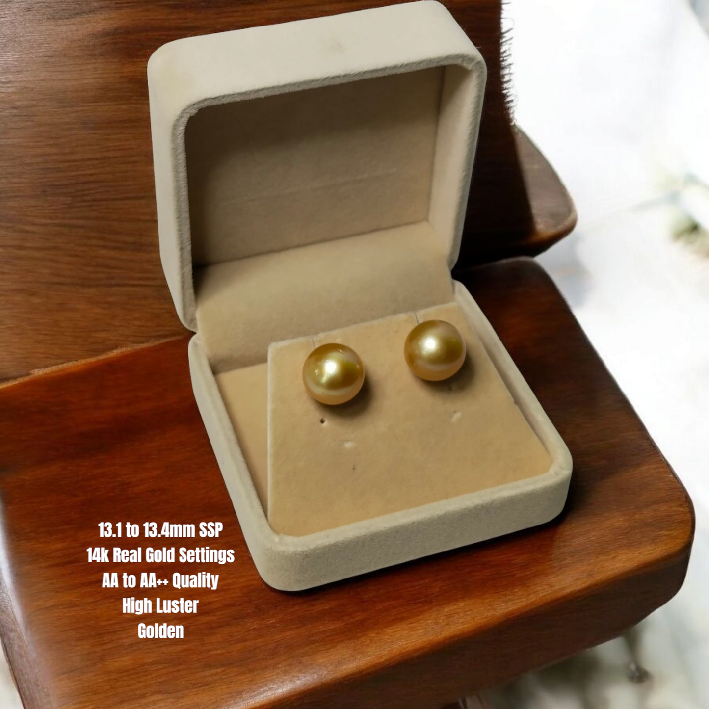 New Arrival! 13.1 to 13.4mm Authentic Golden Color South Sea Pearls Earrings in 14K Gold Settings