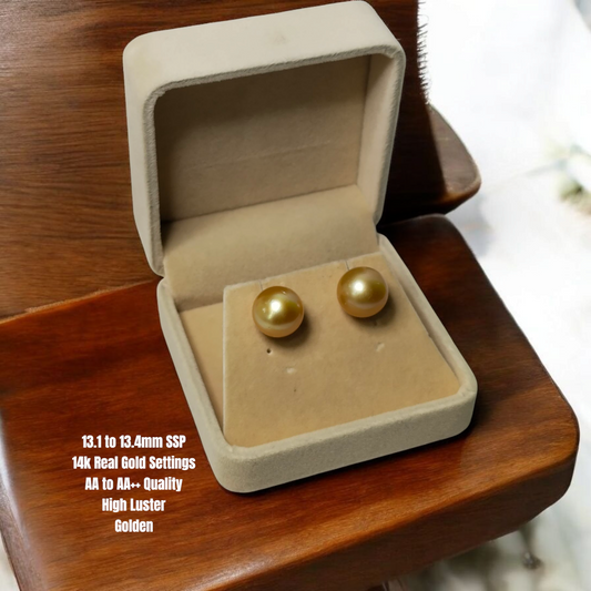 New Arrival! 13.1 to 13.4mm Authentic Golden Color South Sea Pearls Earrings in 14K Gold Settings