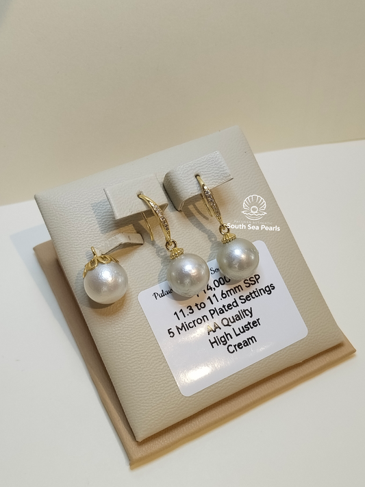 11.3 to 11.6mm Palawan Authentic Cream Color South Sea Pearl Sets in 5 Micron Plated Settings