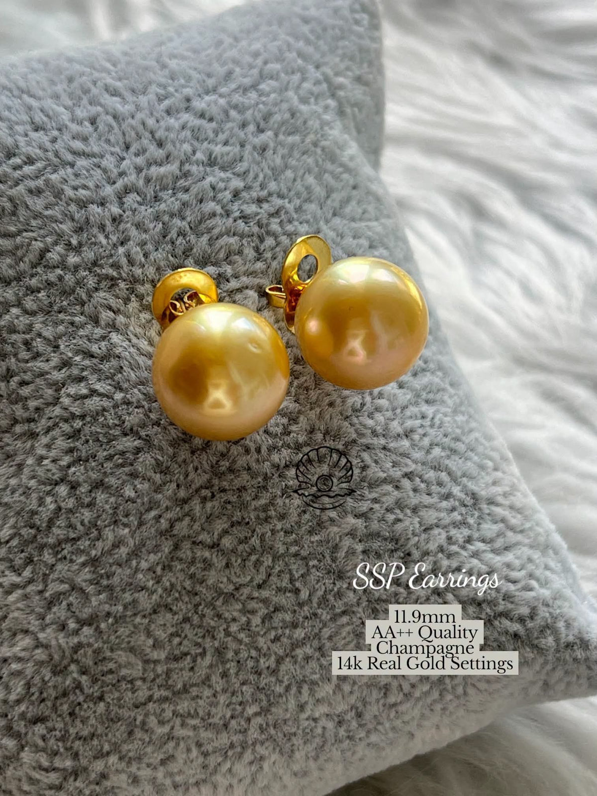11.9mm Palawan Authentic Champagne Color South Sea Pearl Earrings in 14k Real Gold Settings