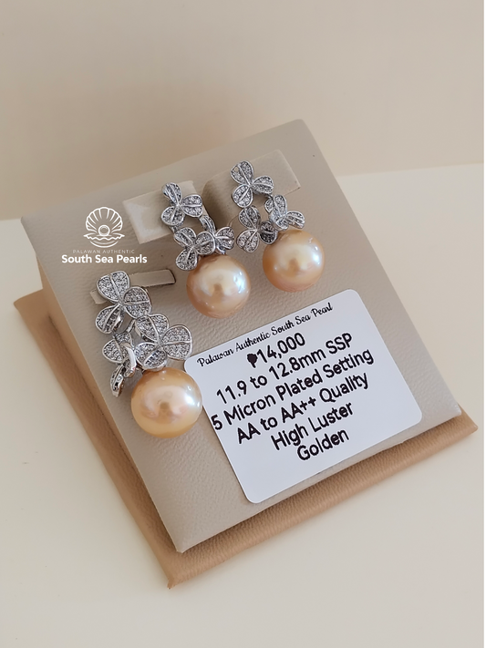 11.9mm to 12.8mm Authentic Golden Color South Sea Pearl Set in 5 Micron Setting