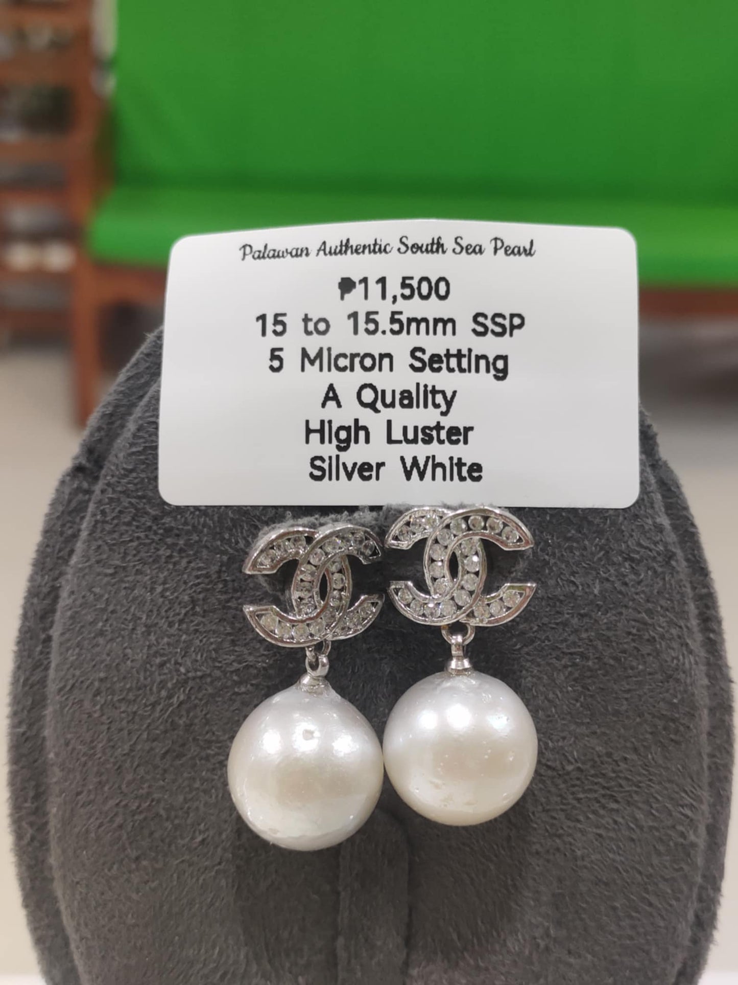 15mm to 15.5mm Authentic Silver White South Sea Pearls Special Design Earrings in 5 microns Settings