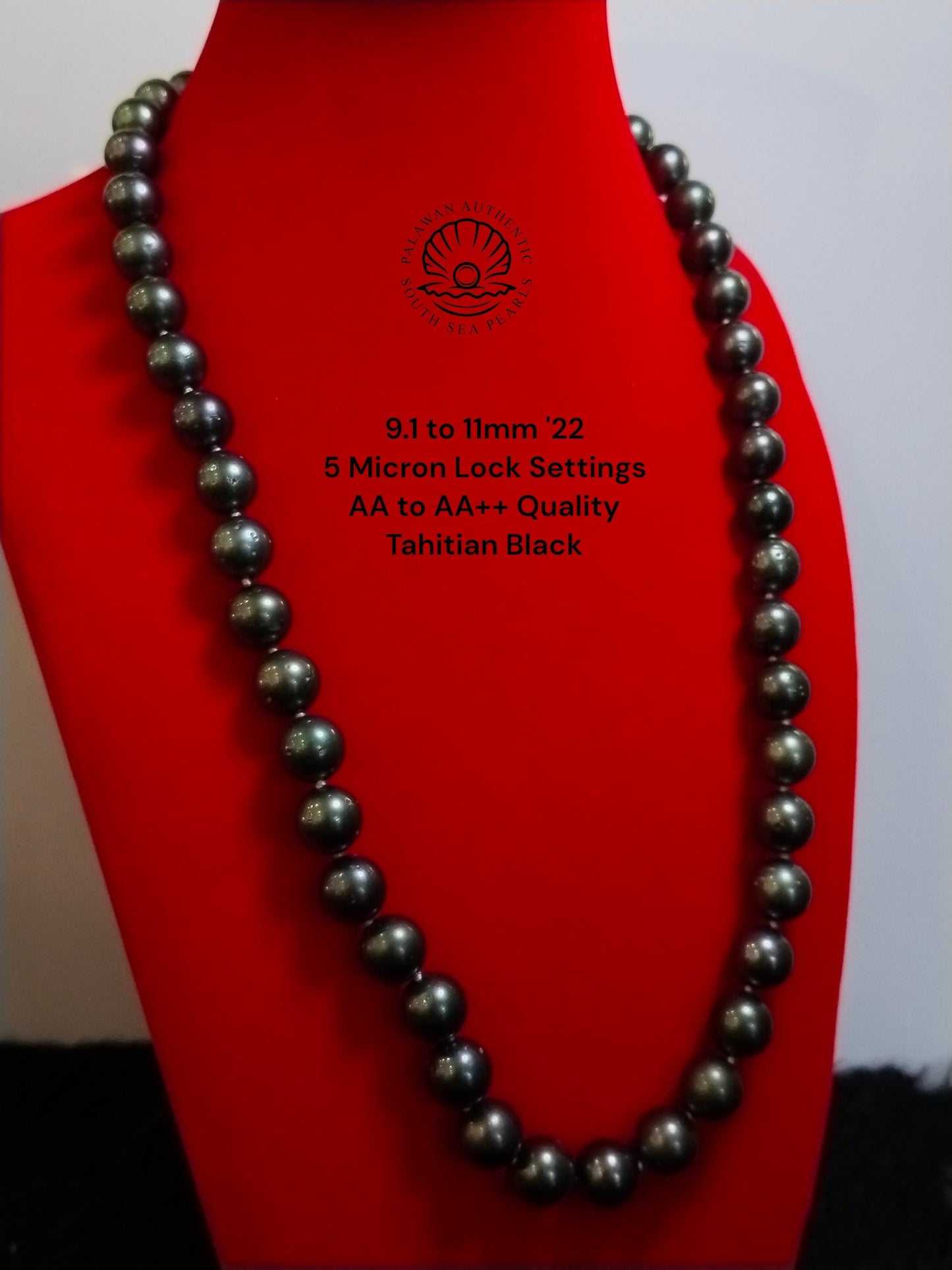 9.1 to 11mm Palawan Authentic Tahitian Black Color South Sea Pearl Choker in 5 Micron Lock Settings