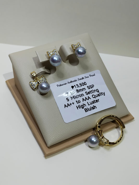 7 to 8mm Authentic Bluish Color South Sea Pearl Set in 5 Micron Settings