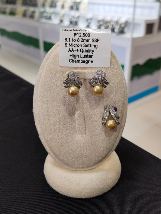 8.1 mm to 8.2mm Authentic Champagne Color South Sea Pearl Set in 5 Micron Set