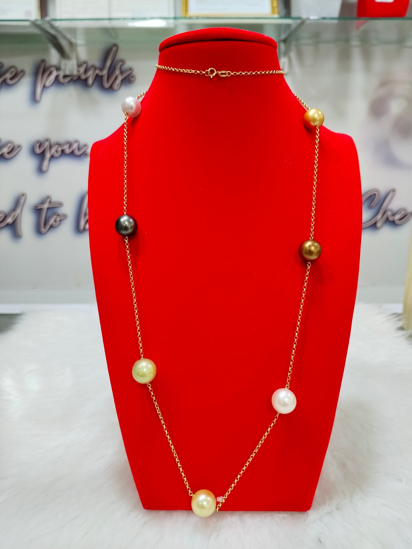 11.7mm to 13mm Authentic Multi-Color South Sea Pearl Station Necklace in 18k Real Gold Settings
