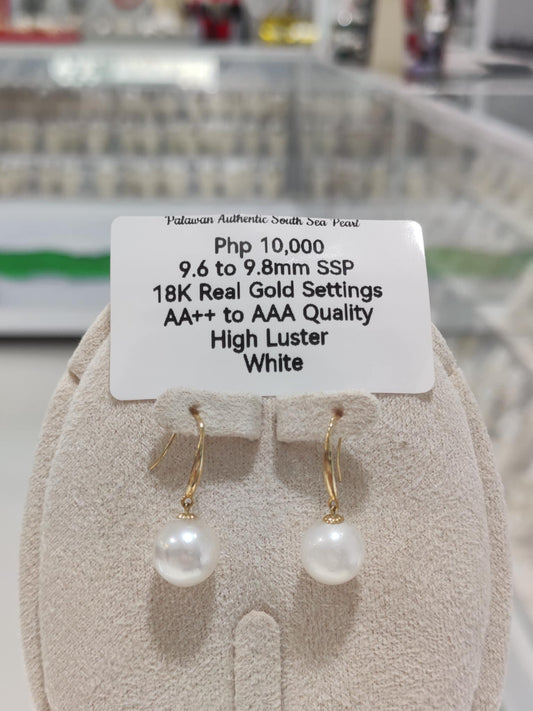 9.6mm to 9.8mm Authentic White South Sea Pearls in 18k Real Gold Settings