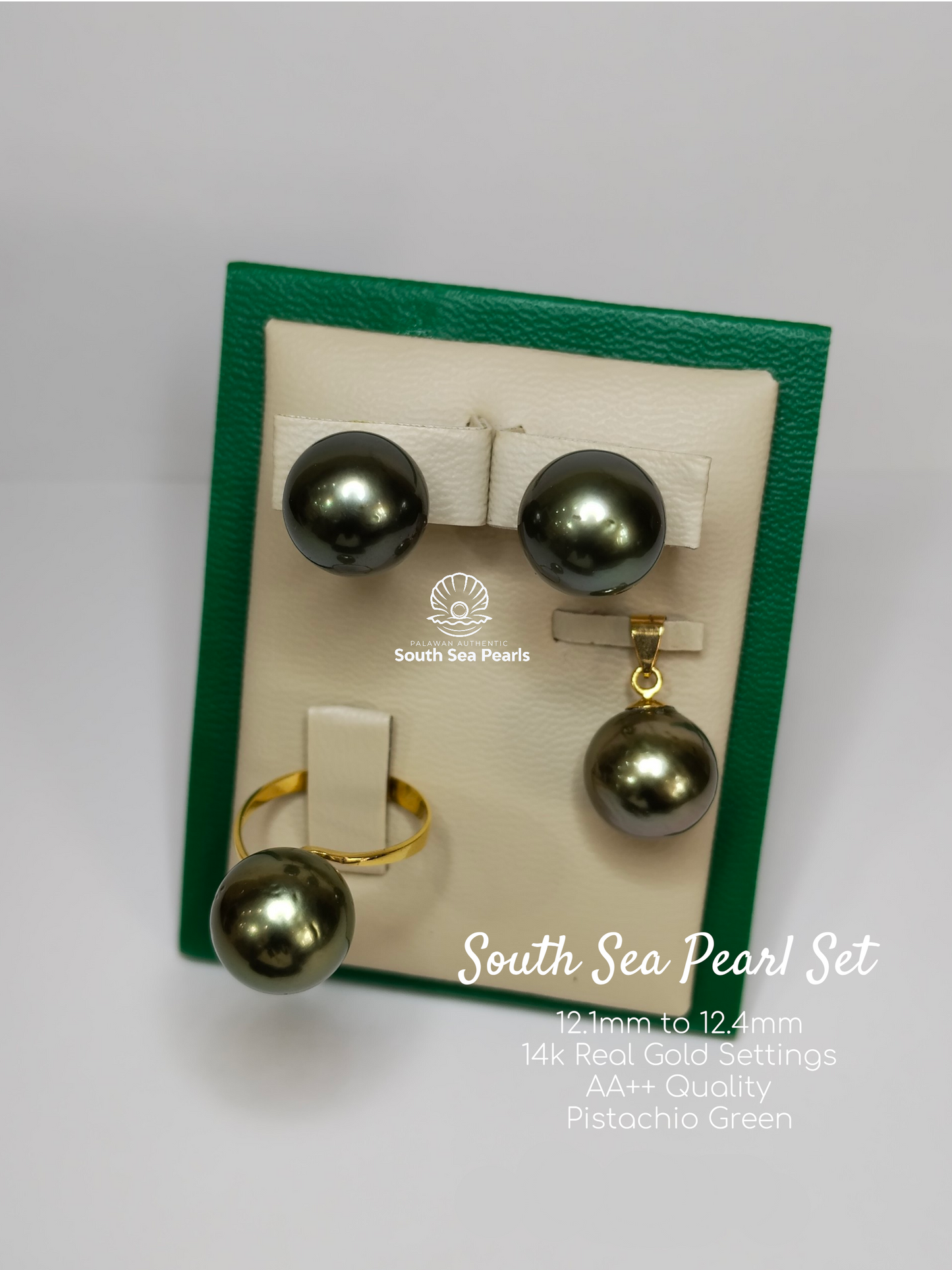 12.1mm to 12.4mm Palawan Authentic Pistachio Green Color Sets in 14k Real Gold Settings