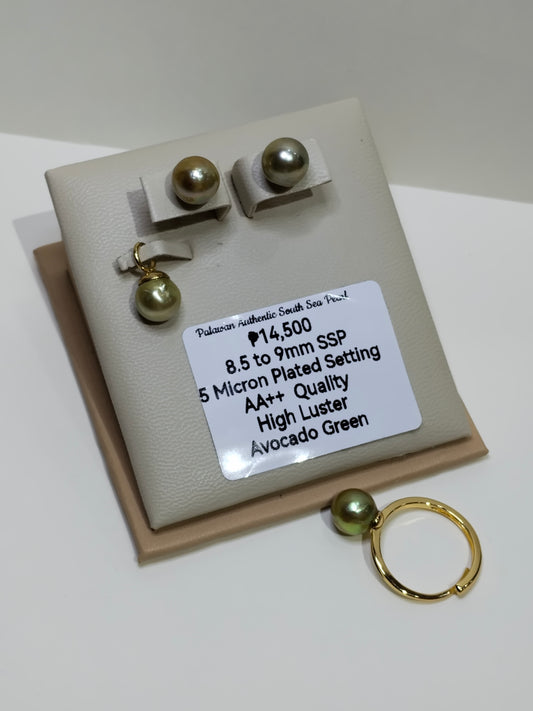 8.8 to 9mm Authentic Avocado Green Color South Sea Pearl Set in 5 Micron Settings