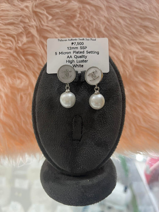 12mm Authentic South Sea Pearls White Special Design Earrings Set in 5 Microns Settings