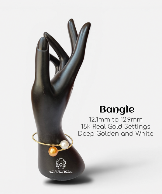 12.1mm to 12.9mm Palawan Authentic Deep Golden and White Color South Sea Pearl Bangles in 18k Real Gold Settings