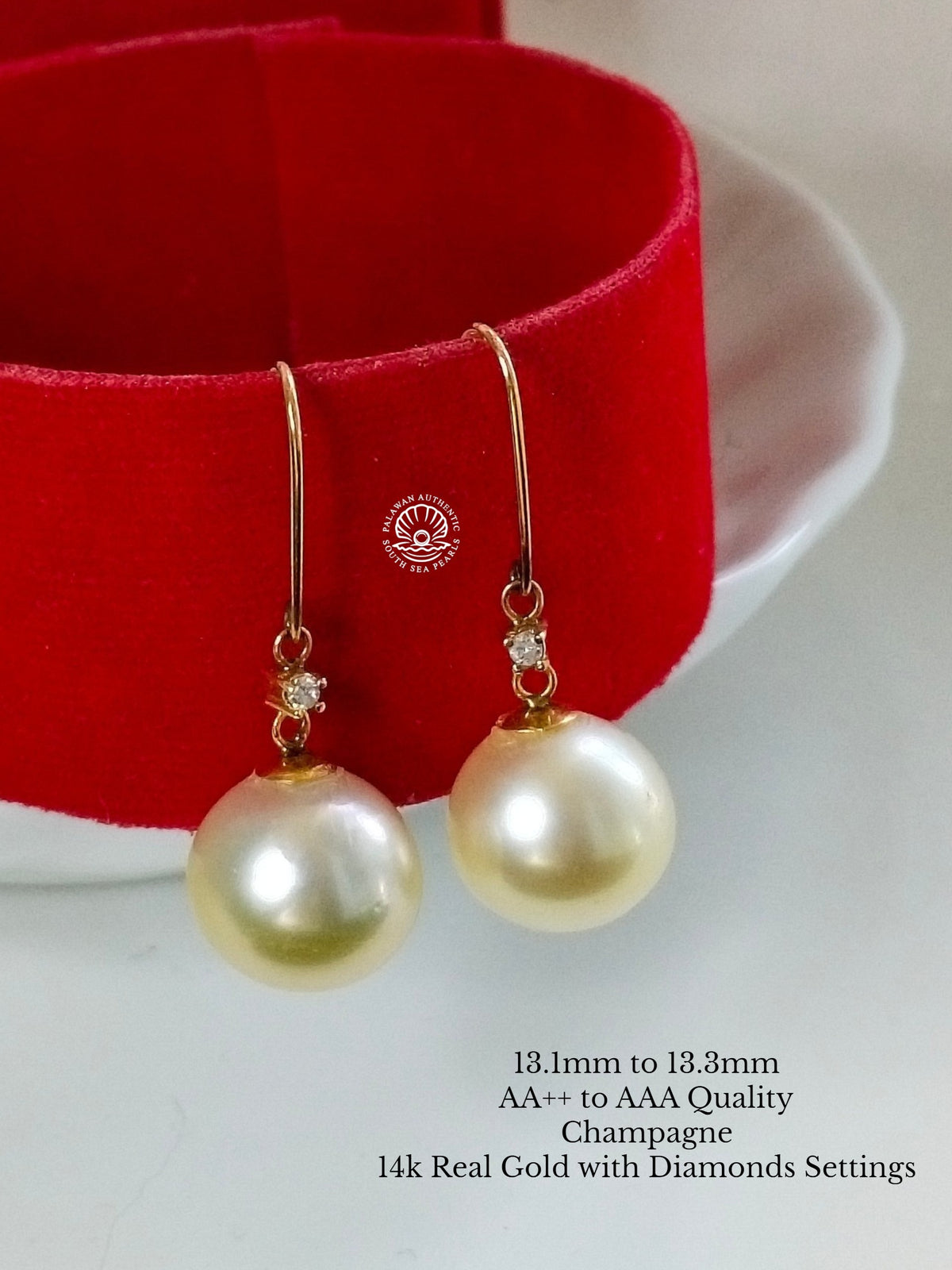 13.1mm to 13.3mm Palawan Authentic Champagne Color South Sea Pearl in 14k Real Gold and Diamonds